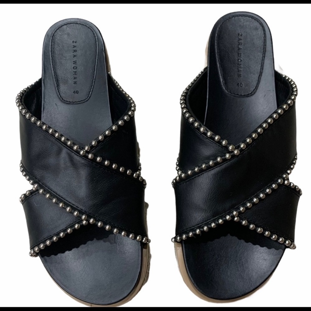 Zara Woman Criss Cross Black Studded Slide Sandals